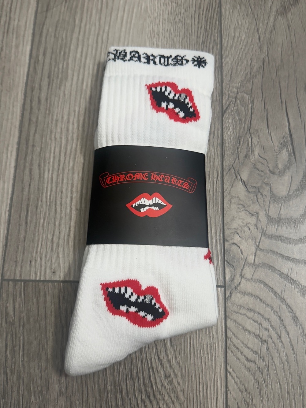Chrome Hearts White Crew Socks with Red Lip